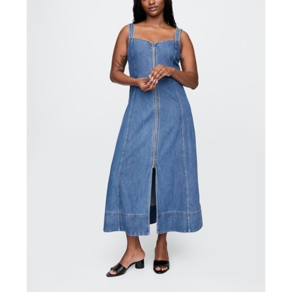 Gap UltraSoft Denim Maxi Dress Women Medium Blue Full Zip Sleeveless Cotton - Picture 3 of 16